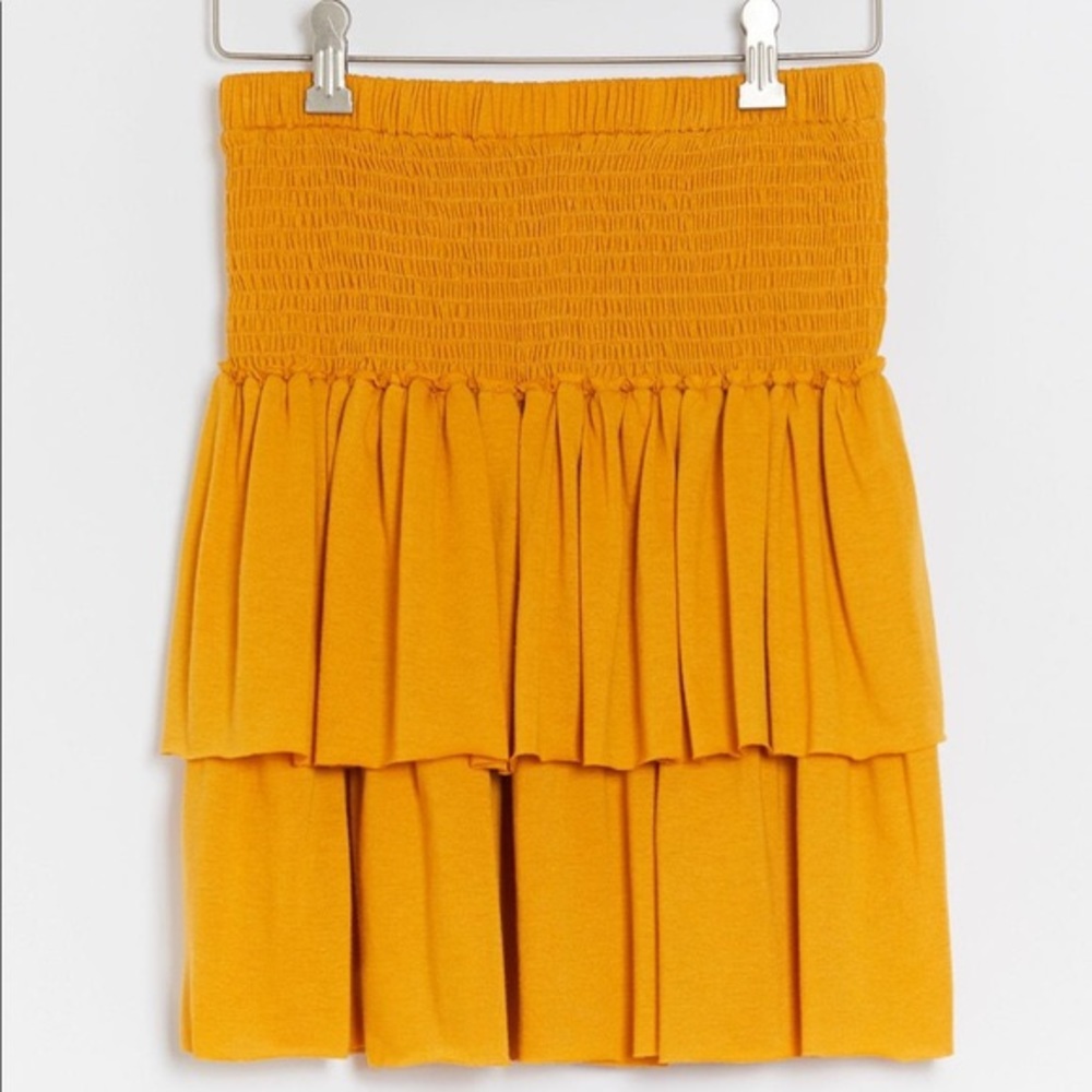Anthropologie Bailee Smocked Tiered Mini Skirt Mustard XS